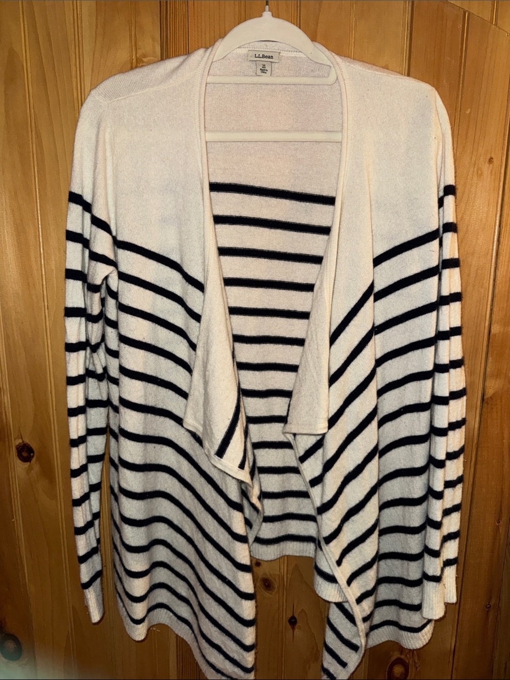 L.L. Bean Cream and Navy Striped Open-Front Women's Cardigan